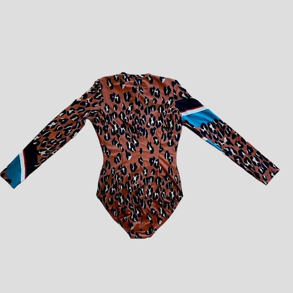 Rachel Comey Long Sleeve Leopard Print Stripe Accent Front Zip One Piece Swim - Picture 2 of 12